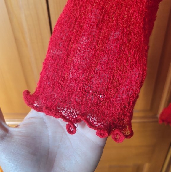 Baik Baik Honolulu handmade crochet mesh red cardigan shrug pull over OS - Picture 2 of 7